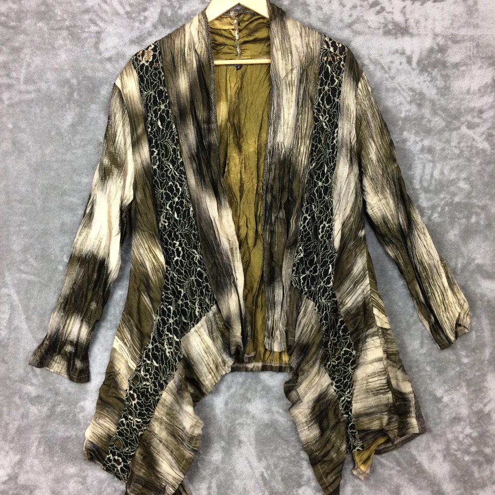 Cativa Womens XL Olive Green Mixed Media Lace Trim Open Front Cardigan Jacket